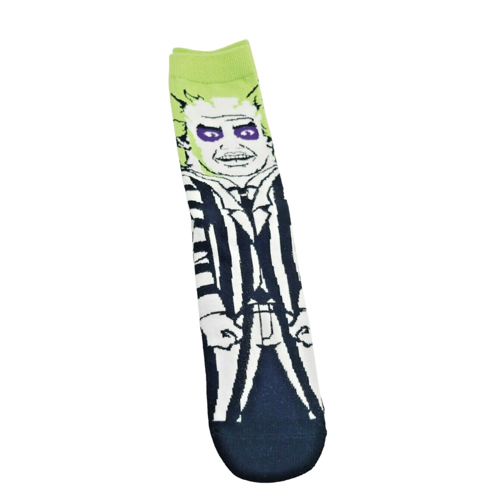 Beetlejuice Graphic Crew Socks Black White Striped Lime Green Novelty Horror